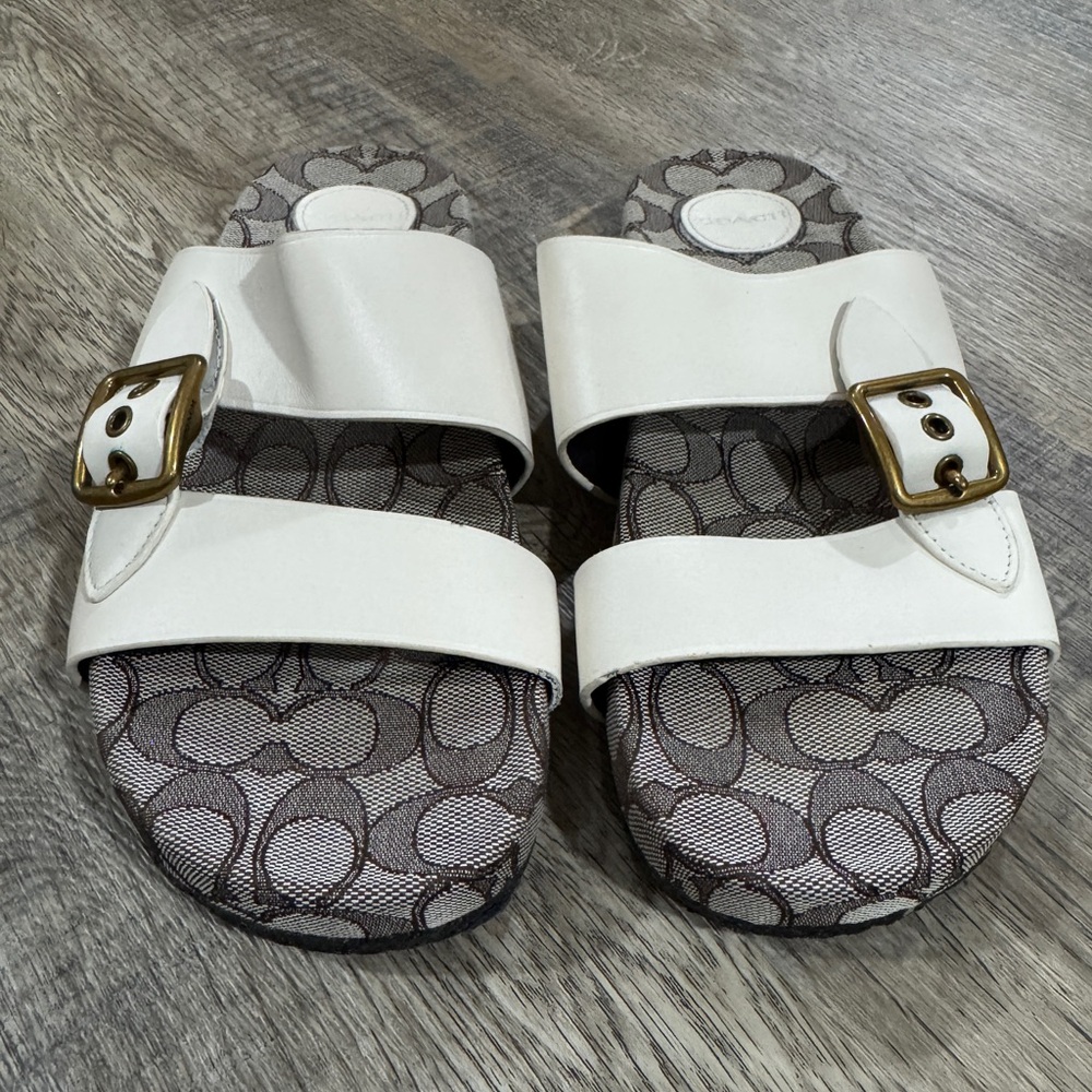 Coach Addison Double Strap Leather Slip On Buckle Sandals- Chalk, Women’s 8.5
